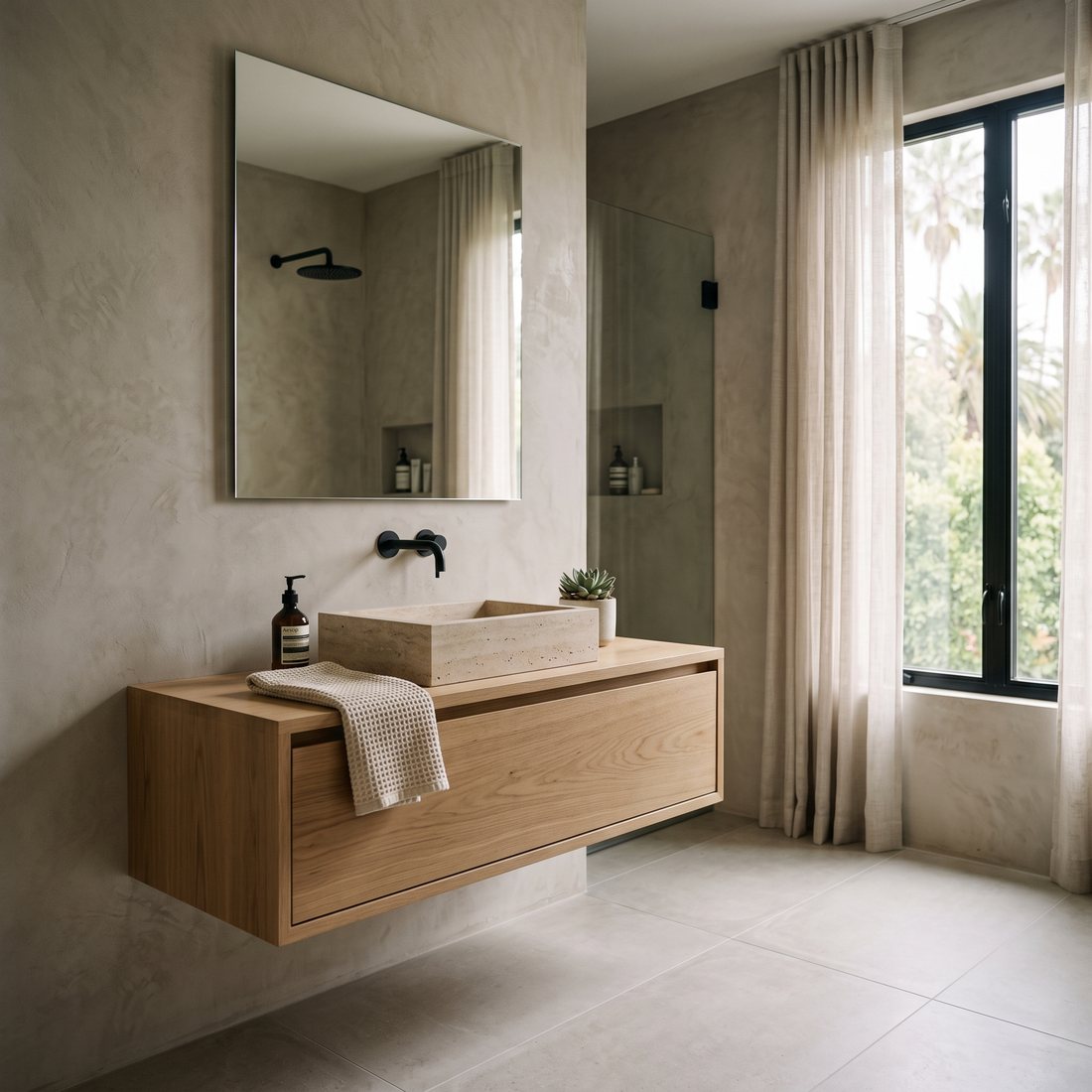 Renovated bathroom with walk-in shower, stone tile, and floating vanity