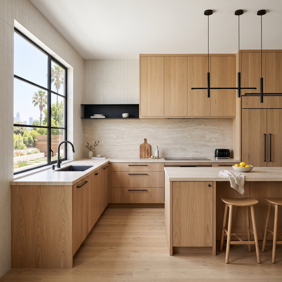 Contemporary kitchen with stone counters and custom cabinetry